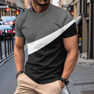Export Plus Size Fall/Summer Men's Round Neck Short Sleeve Color-Block Pullover T-Shirt