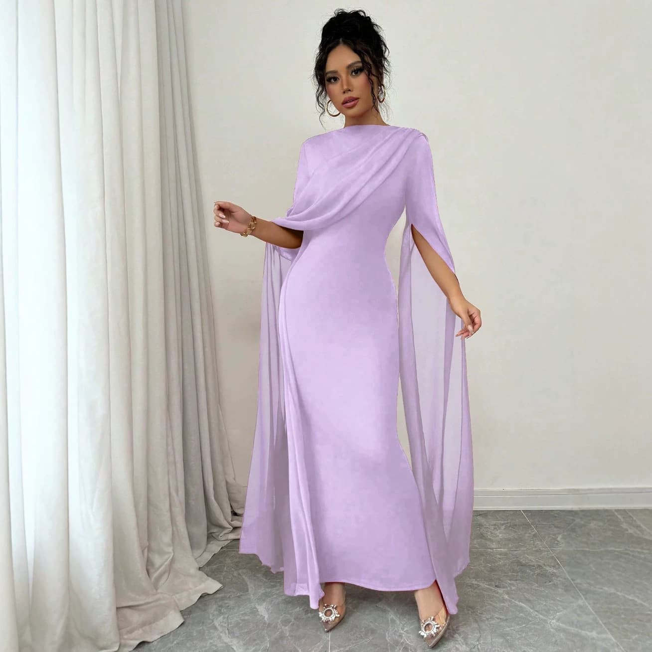 European and American chiffon cape-sleeve evening gown, slim-fitting long wedding dress, European and American bridal gown