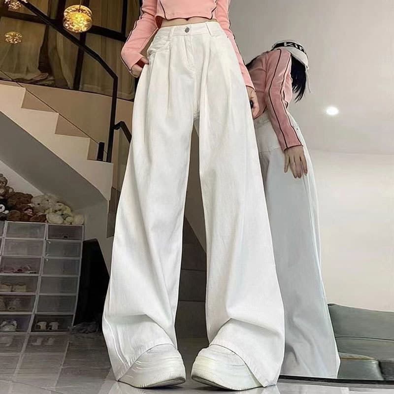 Large size loose straight jeans women's pleated design pear-shaped fat mm high waist floor-length white wide-leg long pants