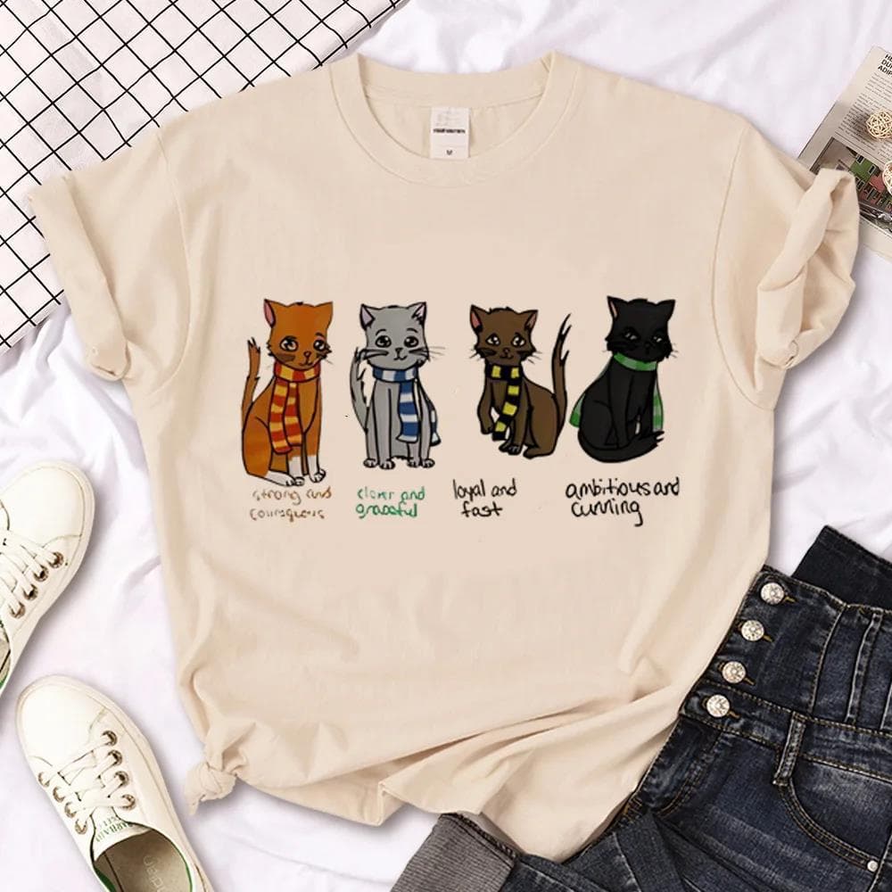 Cat T-Shirts Women Setwear Tee Girl Graphic Clothes Combed Cotton