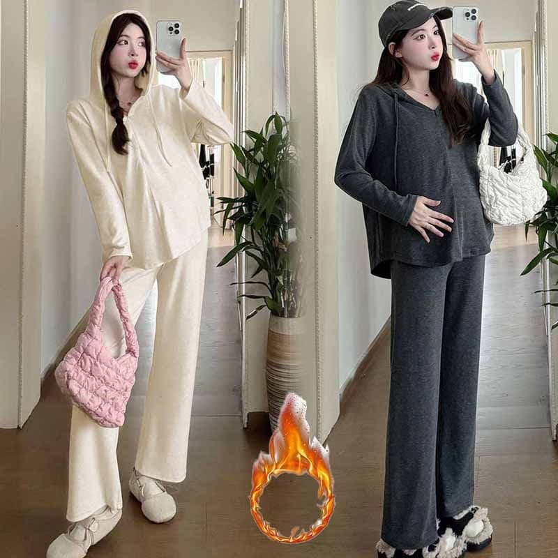 Maternity Wear Internet Celebrity Hot Style Autumn and Winter Velvet Half-Zip Hooded Drawstring Pregnant Mommy Loose Belly-Covering Slimming Look Trendy Sweatshirt