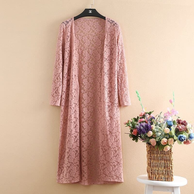 Spring and Summer Lace Shawl Top for Women Plus Size Long Sleeve Jacket Air Conditioning Cardigan Mid-Length Versatile Sun Protection Open Front