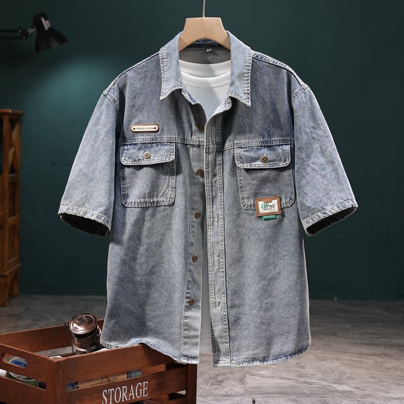 High-Grade Shirt Wholesale Summer New Japanese Tooling Denim Short-Sleeved Shirt Men's Loose Casual Shirt Jacket