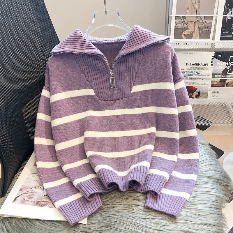 Korean Autumn/Winter Loose Knit Sweater with Contrast Color Half-Zip Striped Pullover for Women