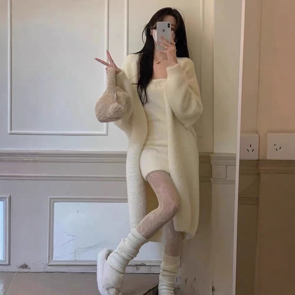 2024 Autumn Winter Lazy Loose Over-the-Knee Mid-Length Thickened Pure Desire Faux Mink Velvet Knitted Sweater Cardigan Jacket for Women