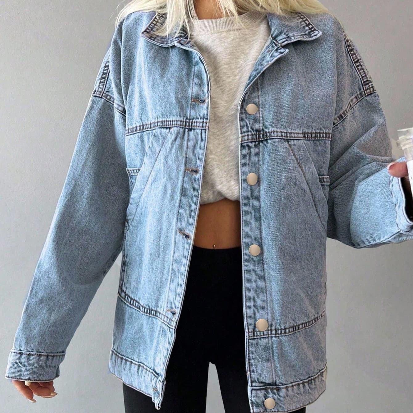 Cross-border European and American style denim jacket casual long sleeve, dropped shoulder button front denim loose jacket