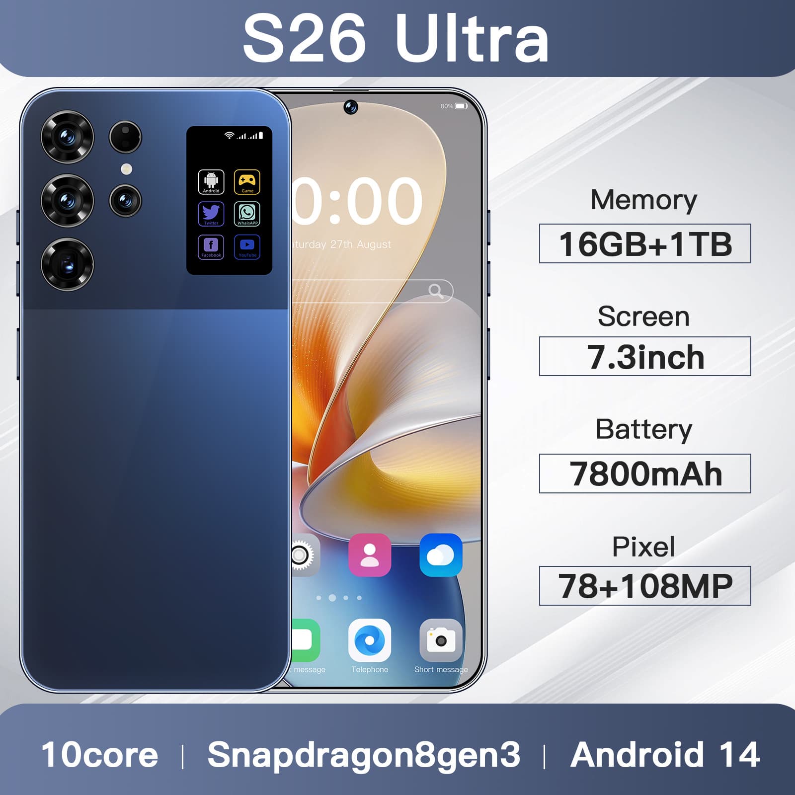 Cross-border Hot Seller Phone S26 Ultra True 4G Octa-core 16+1TB Center Punch-hole 7.3-inch Large Screen Android 14