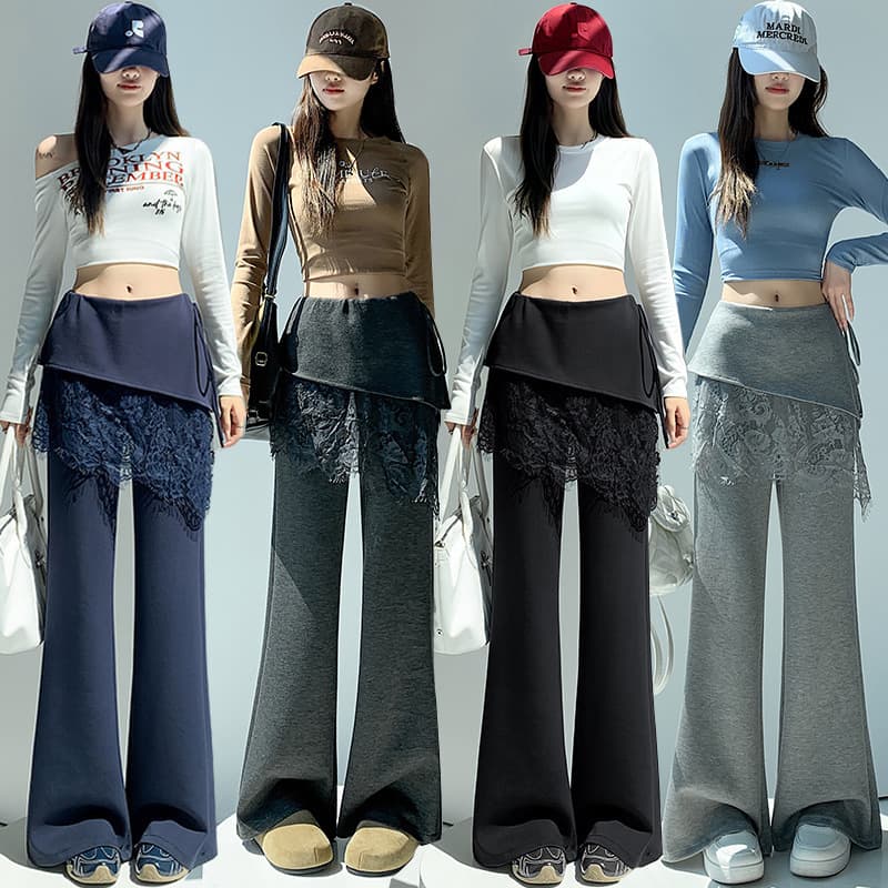 Tangtang~ Lace fake two-piece bootcut pants for women 2026 autumn and winter versatile high-waisted casual pants layered with wide-leg floor-length pants