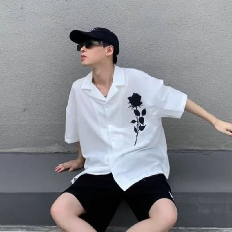 Overseas Cuban Collar Shirt for Men Rose Print Short Sleeve Summer Thin Top Trendy Hong Kong Style Cardigan Shirt