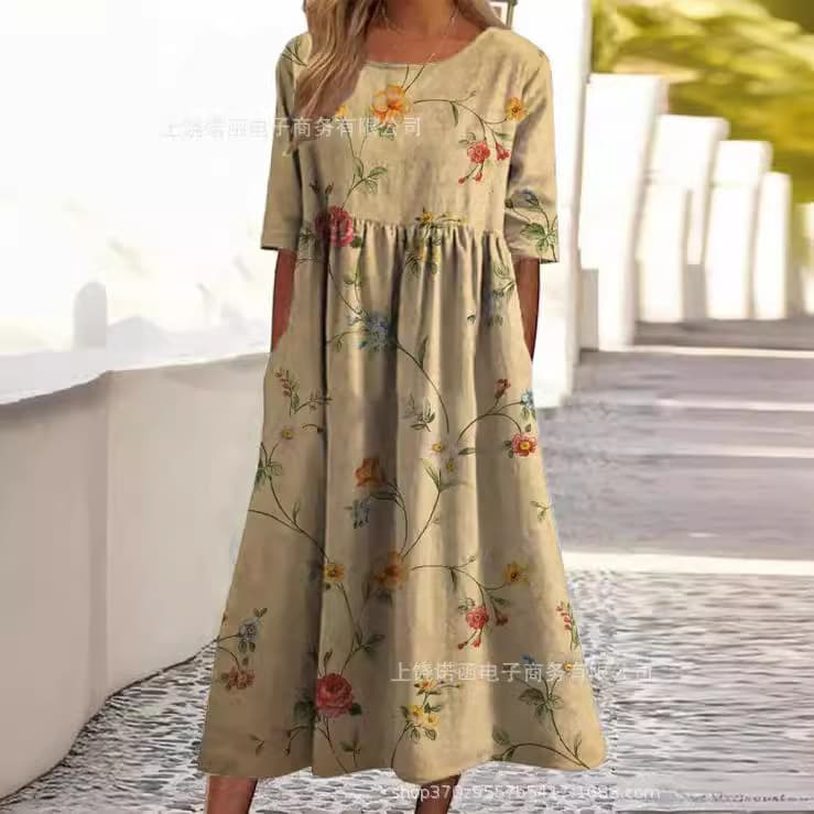 Amazon Cross-border 2024 Summer New European and American Women's Loose Fashion Premium V-Neck Printed Dress