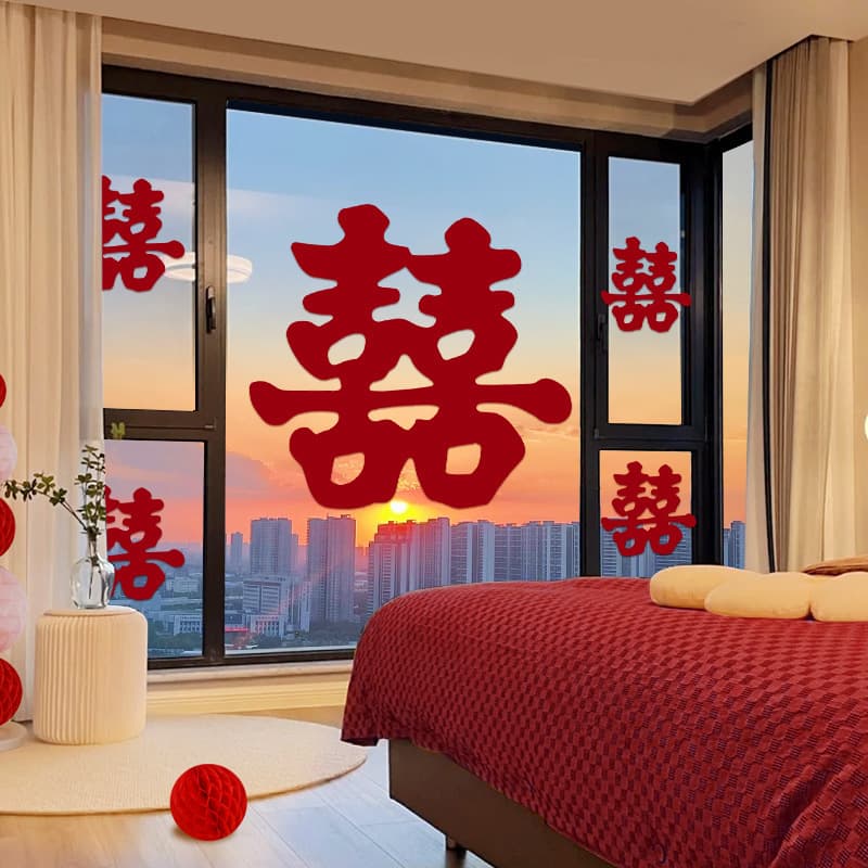 Wedding room decorations, window stickers, double happiness characters, wedding and engagement decorations for both the groom and bride's rooms.