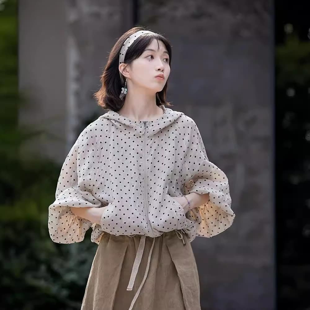 Artistic Cotton Linen Women's Summer Linen Polka Dot Long Sleeve Zip-Up Hooded Sun Protection Jacket