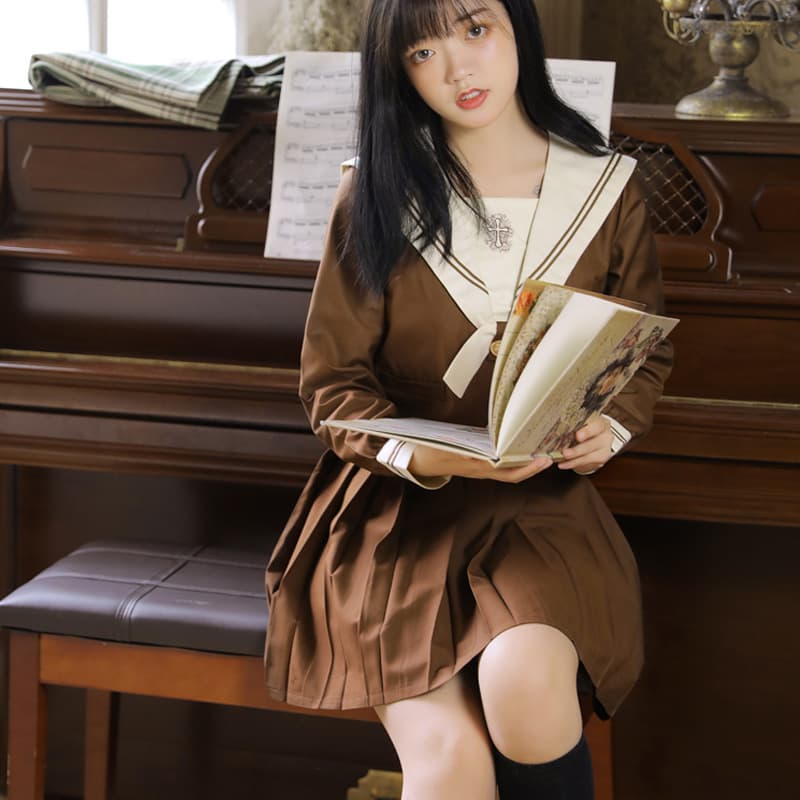 Ivory Yellow Orthodox JK Uniform Japanese Navy Style Soft Girl Embroidered Class Sailor Suit School Uniform Set