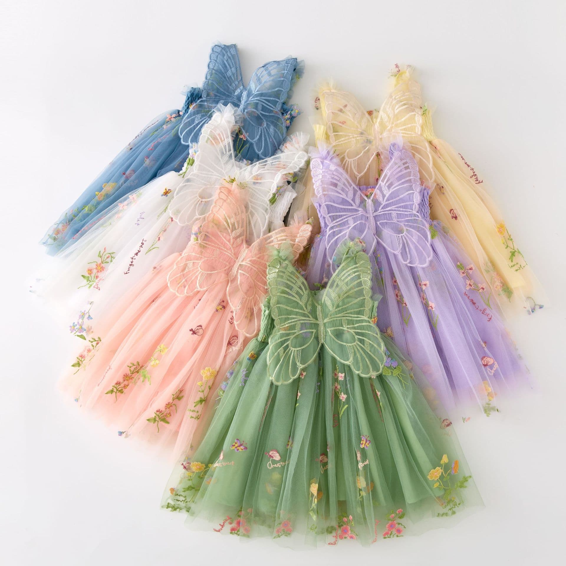Children's Princess Dress Mesh Tulle Skirt Strapless Tutu Dress with 3D Wings Fairy Style