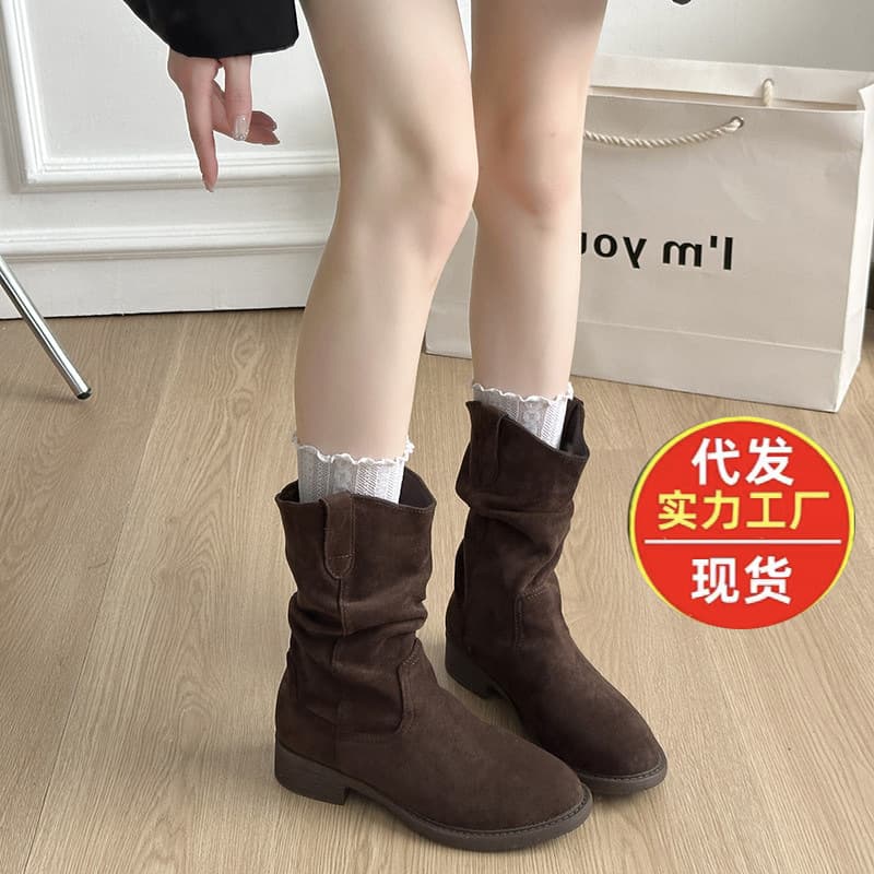 Wasteland Style Maillard Mid Calf Boots Women 2026 New Autumn Winter Fleece Lined Stacked Boots Birkenstock Short Boots Martin Boots