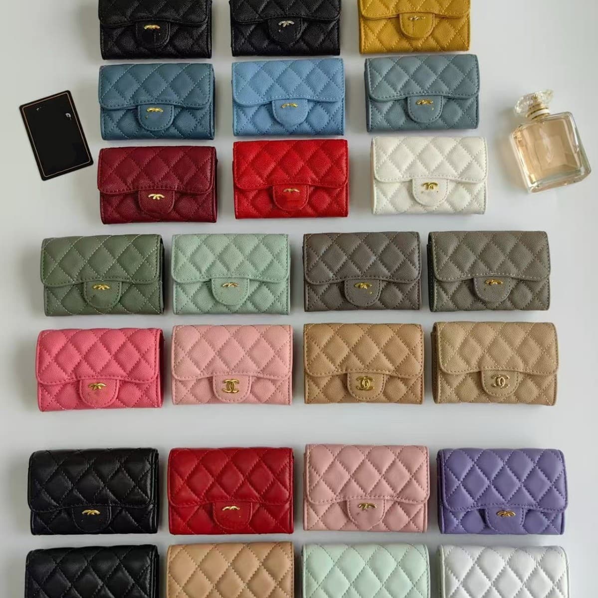 2026 New Korean Style Chanel-Inspired Cf Wallet Coin Purse Caviar Quilted Pattern Women's Genuine Leather Card Holder Cross-Border