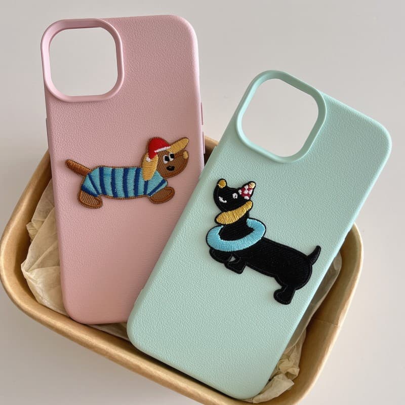 3D Embroidered Dachshund Apple 16 Phone Case 14 Pro Max Lychee Texture Compatible with iPhone 13/12/15