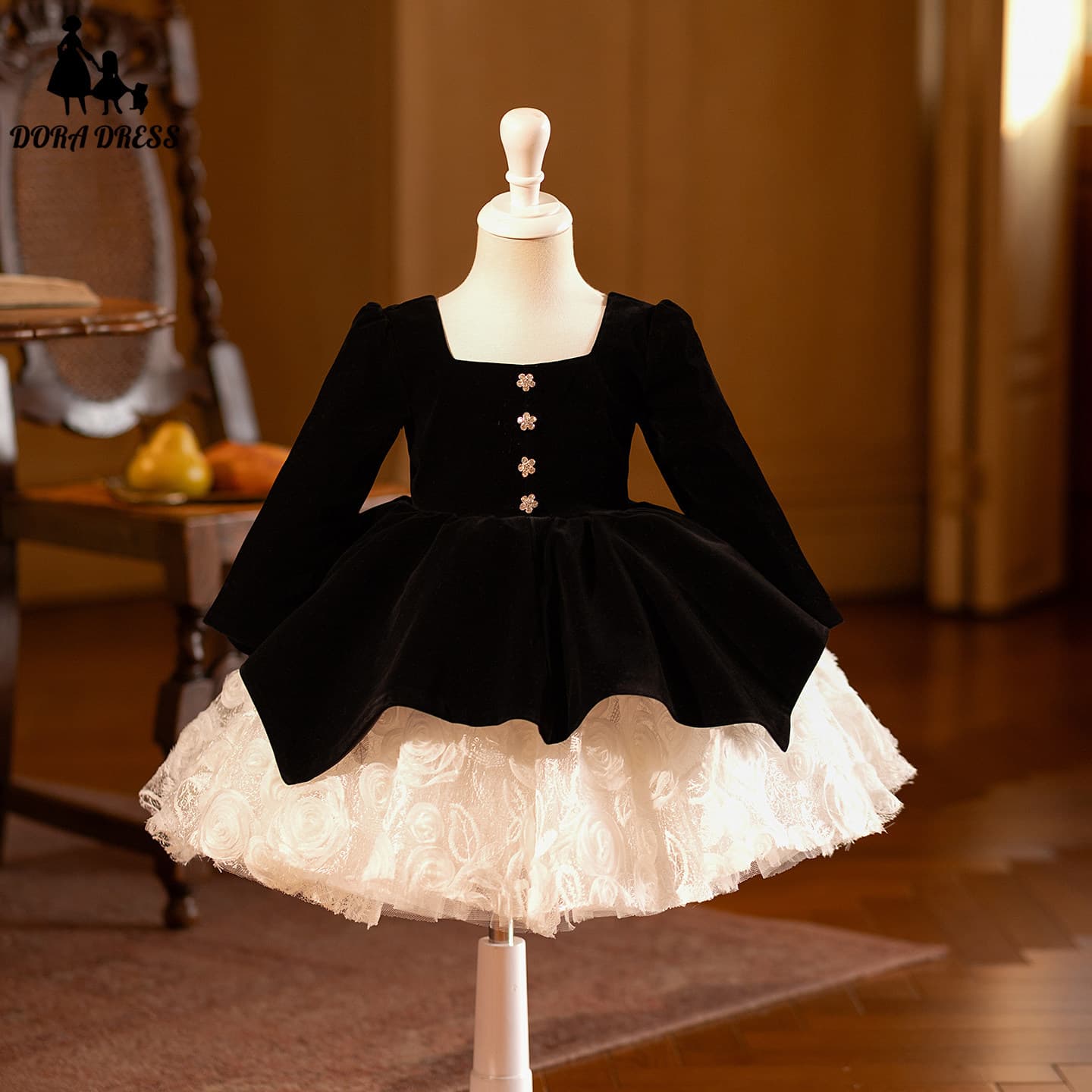 Black Girls' Princess Dress Birthday Host Piano Performance Outfit Little Girl High-End Party Dress Long Sleeve Western Style