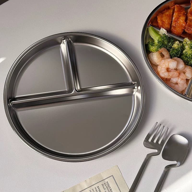 Cross-border Style Stainless Steel Round Sectioned Plate, Household Tableware, Kids Portion Control Plate, Three-Compartment Serving Plate