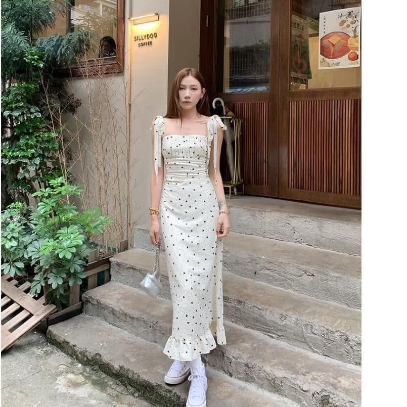 Lazy Holiday Style Polka Dot Dress Women's Summer French Suspenders Skirt Waist Long Skirt
