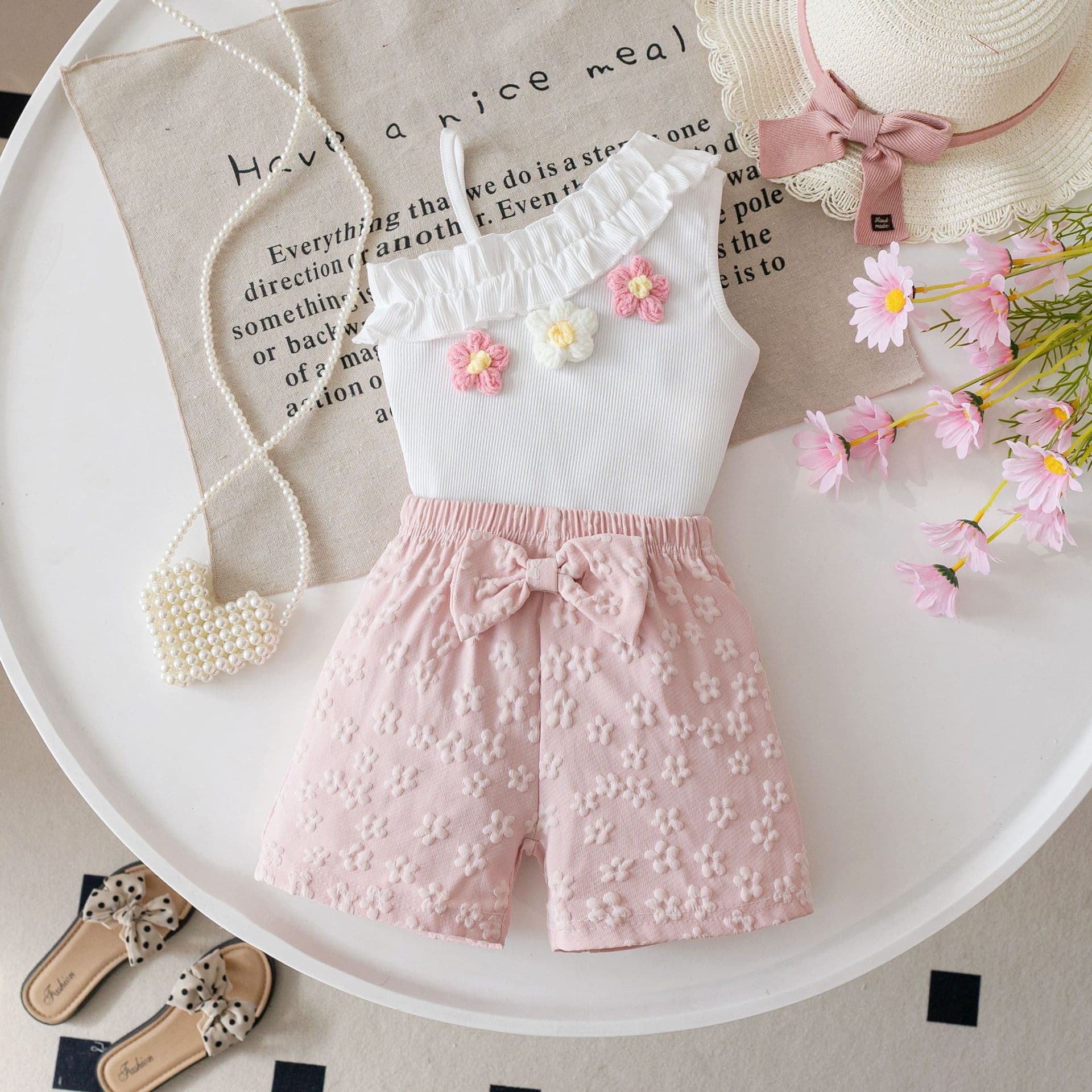 New European and American Cross-Border Sweet and Cute Girls' Floral Off-Shoulder Strap Sleeveless Top and Shorts Set