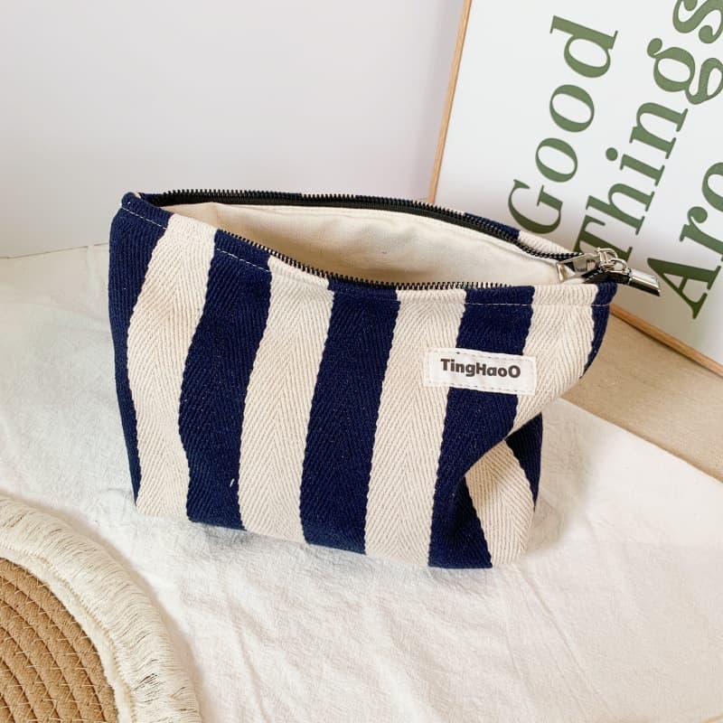Original design striped fabric makeup bag for women, skin care product storage bag, portable travel outing toiletry bag, large capacity