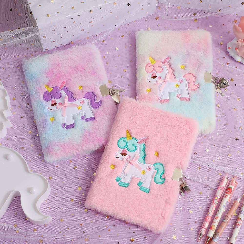 Unicorn A5 Cartoon Plush Notebook for Kids, Cute Lockable Diary for Girls, Student Writing Journal