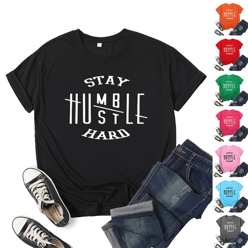 Stay Humble Hustle Hard Short Sleeve T-Shirt Unisex Printed Polyester Viscose Casual Urban Style Round Neck Loose Fit Summer