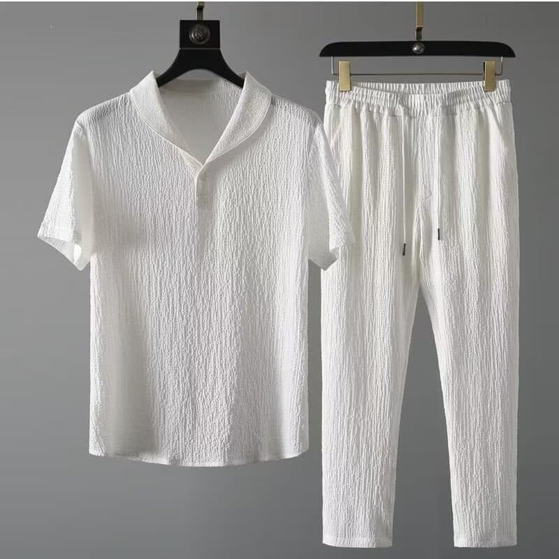 2026 New Summer Lightweight High-End Sportswear Set for Men, Fashionable Short Sleeve and Long Pants, Trendy Light Luxury