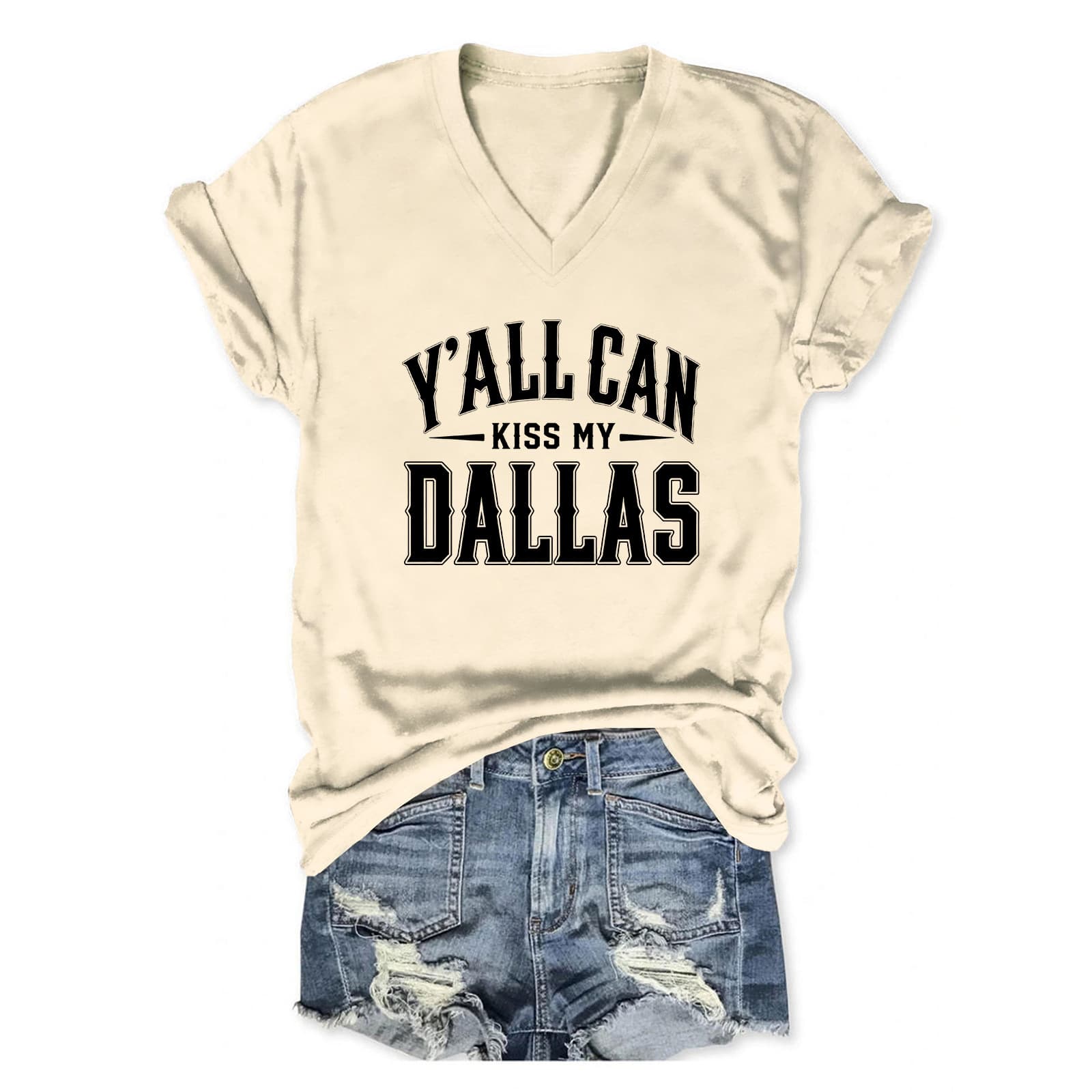Y'ALL CAN KISS MY DALLAS European and American Casual Letter V-Neck Women's T-Shirt Amazon Loose Short Sleeve