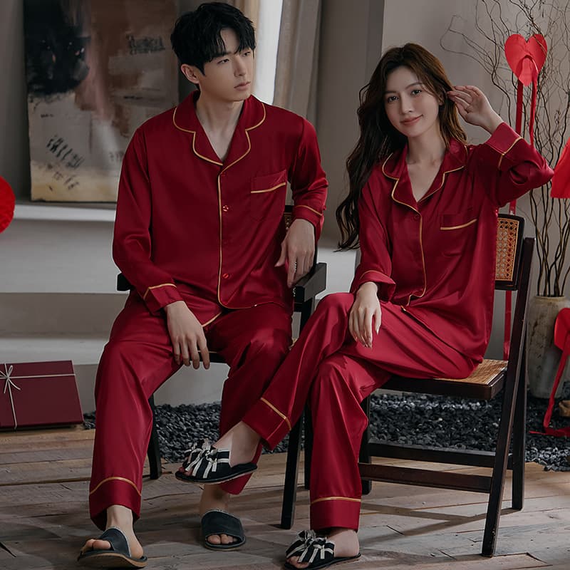 Wedding Pajamas Couple Set High-End Silk Red Chinese Wedding Bride and Groom Wholesale