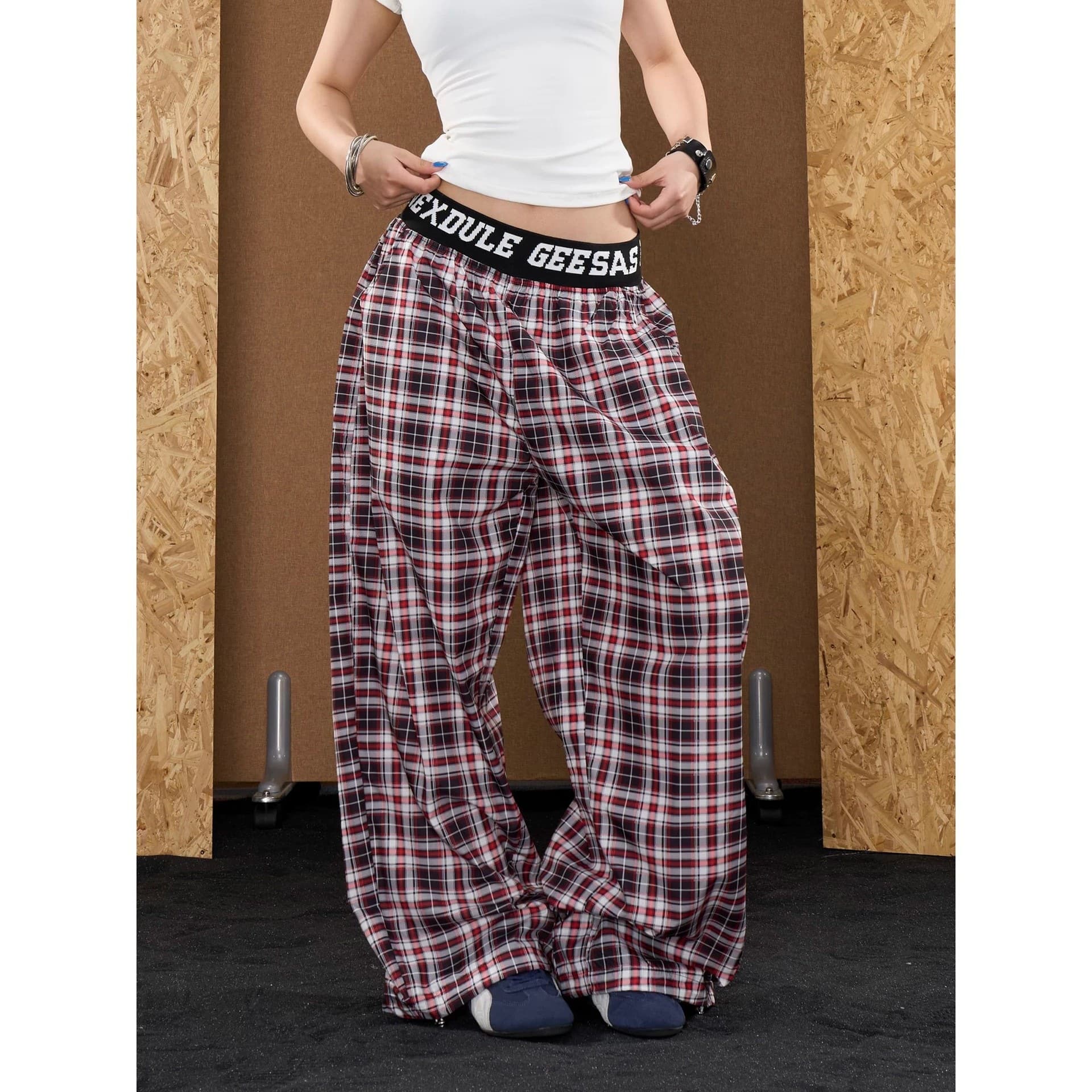 American Retro Plaid Scimitar Casual Pants for Men and Women New Elastic Letter Waist Loose Wide Women's Casual Pants Trendy