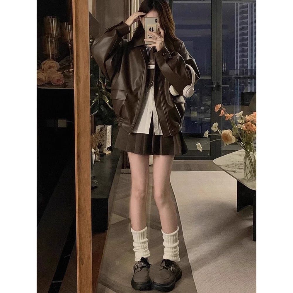 Retro style brown leather short style spring and autumn Korean style loose leather jacket handsome motorcycle jacket for small people