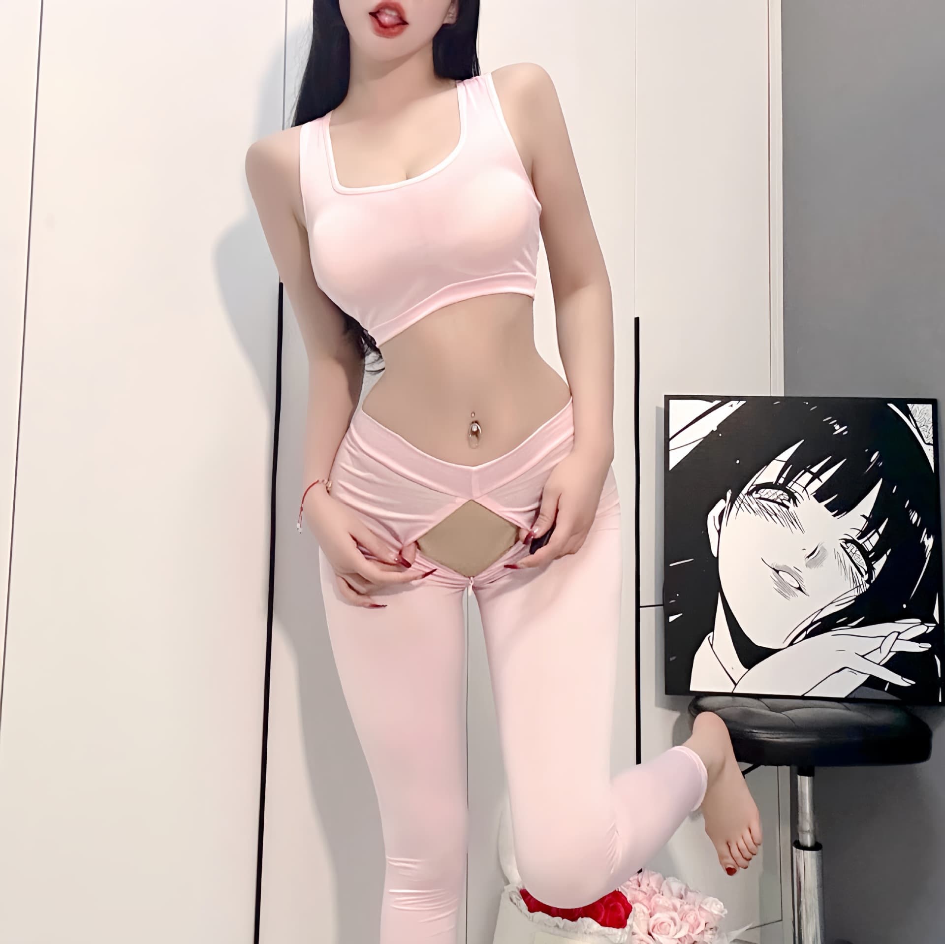 Sexy Lingerie High-Waist Cutout Yoga Pants Slimming Figure-Hugging Plus Size Stretch Tight Pants for Couples Flirting