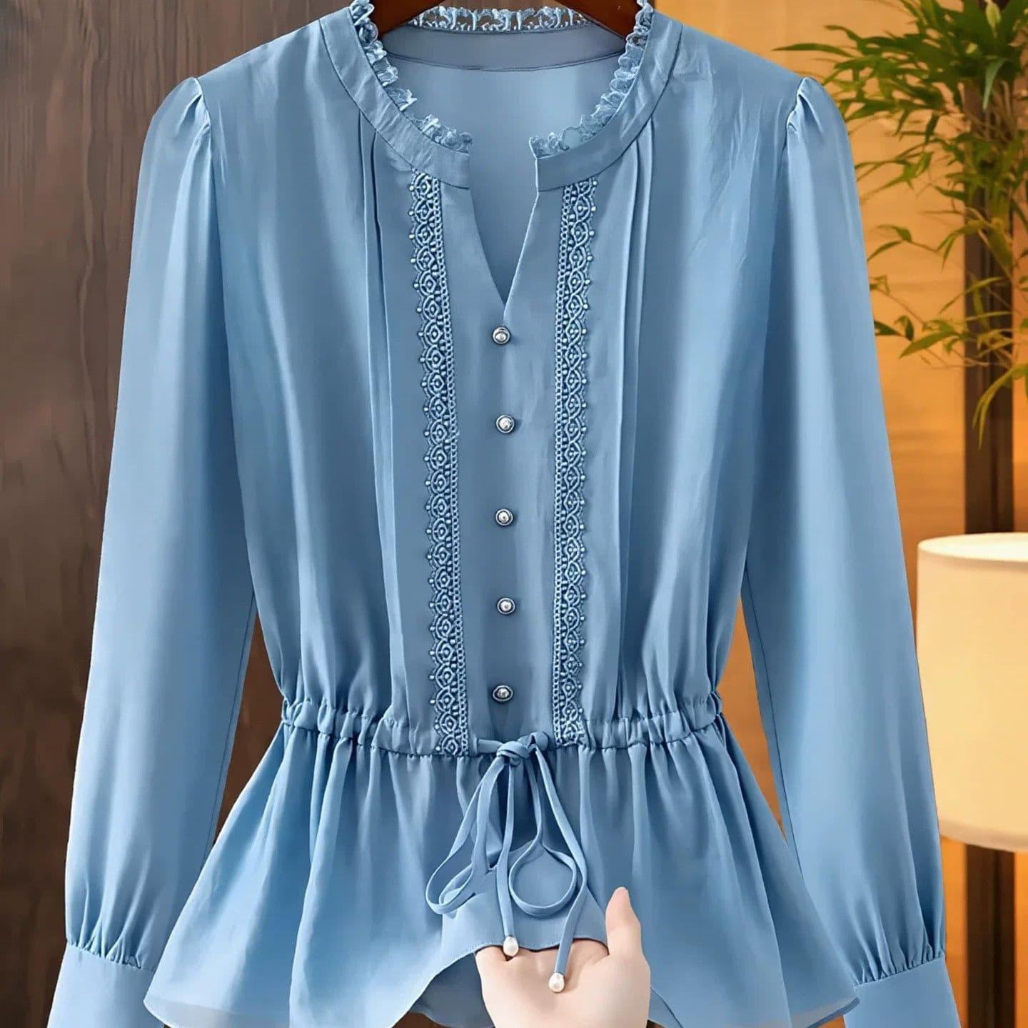 French V-Neck Premium Blue Long-Sleeve Blouse for Women 2026 Fall New Design Tie-Waist Slimming Top