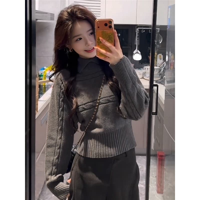 Gray Turtleneck Knit Sweater for Women, Waist-Tapered Design, Long-Sleeve Spring/Fall/Winter Warm Fashion Base Layer Top