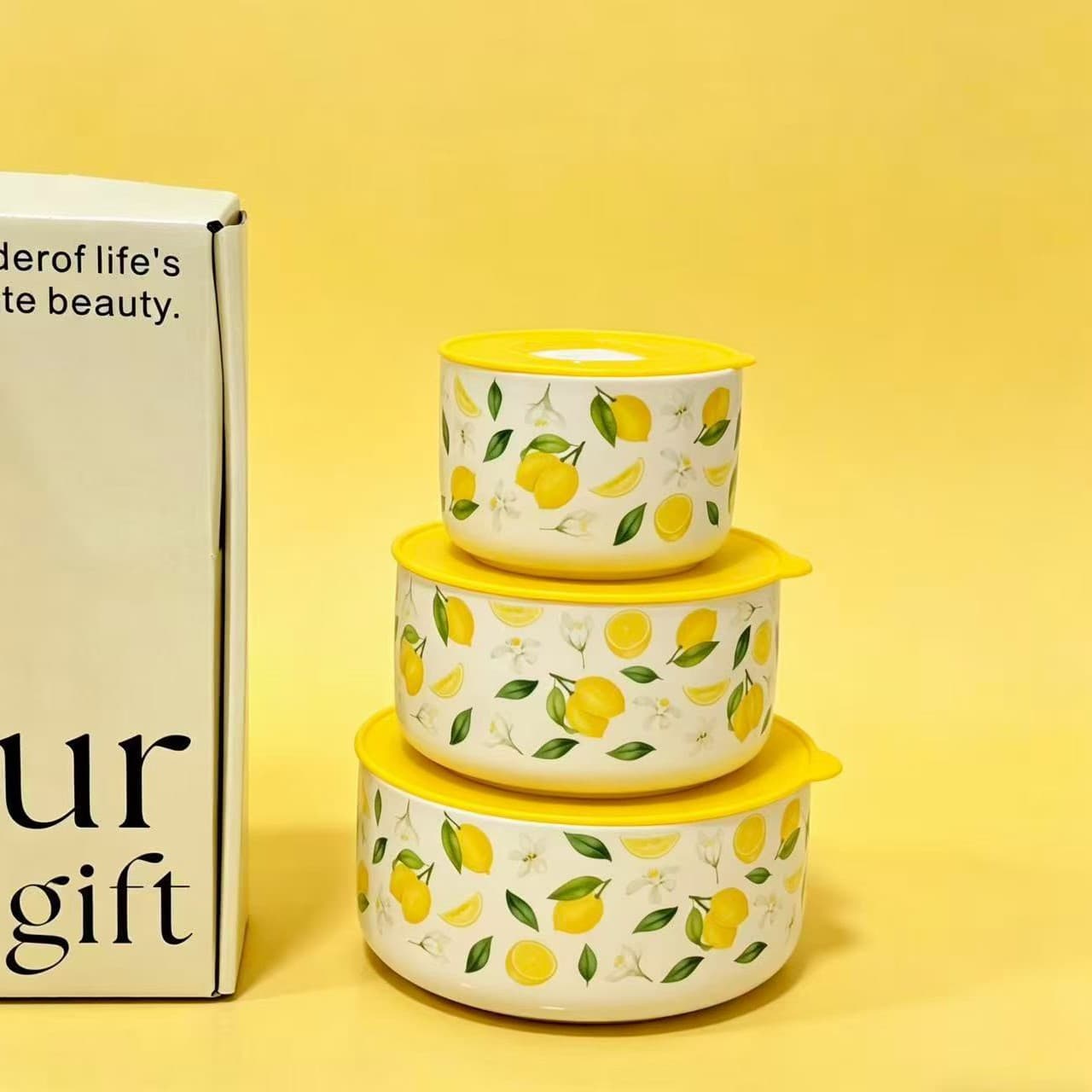 Ceramic Fresh-Keeping Bowl 3-Piece Gift Set with Lemon Pattern, Sealed Bowl Set, Grand Opening Gift, Event Souvenir