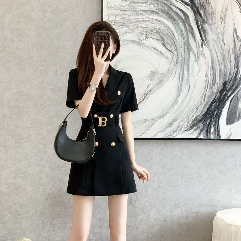 2026 Spring/Summer Short-Sleeved Slim-Fit Waist Minimalist OL Professional Suit Dress, Elegant and Slim Fit, European Style Women's Suit Dress