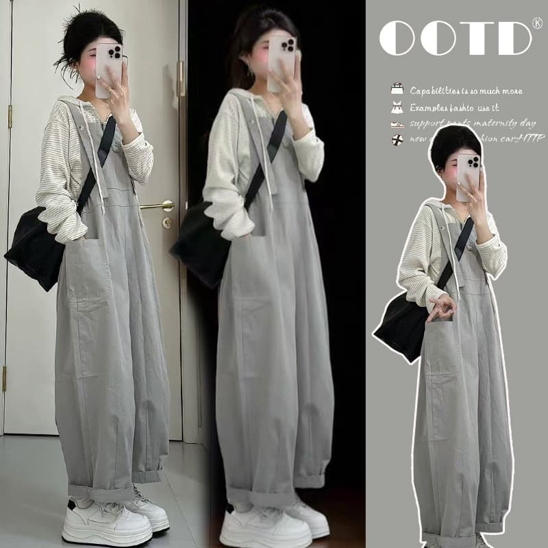 In Stock Fashionable Age-Defying Unique Lazy Style Loose High-End Dropped Cargo Suspenders Wide-Leg Pants Maternity Wear