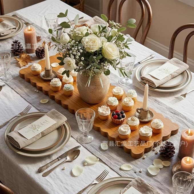 Solid Wood Scalloped Rectangular Tray, Dessert Shop Cake Pastry Display Plate, Hotel Restaurant Wooden Serving Tray