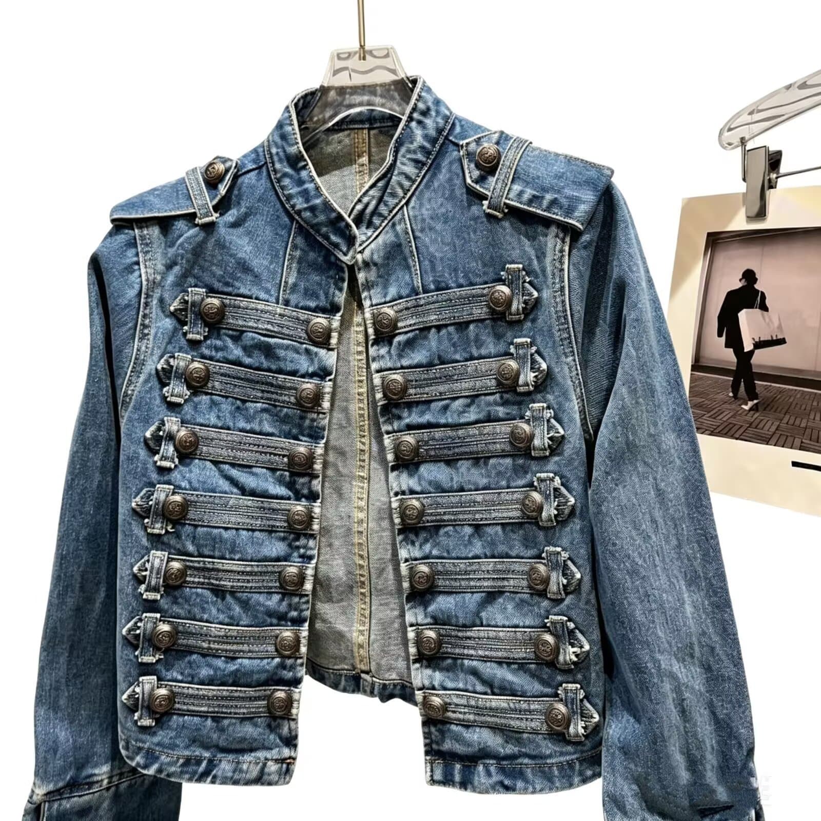 Cross-border European and American style spring new style classical metal rib buckle design shoulder strap washed denim top