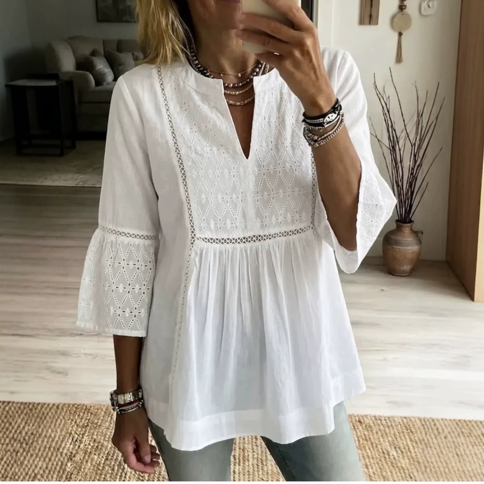 2026 Spring/Summer New Temu Amazon AliExpress Women's Split V-Neck Three-Quarter Sleeve Embroidered Blouse