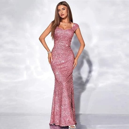 Factory Direct European American Solid Color U-Neck Sequin Sexy Strapless High-Waist Evening Dress Mermaid Dress Long Dress