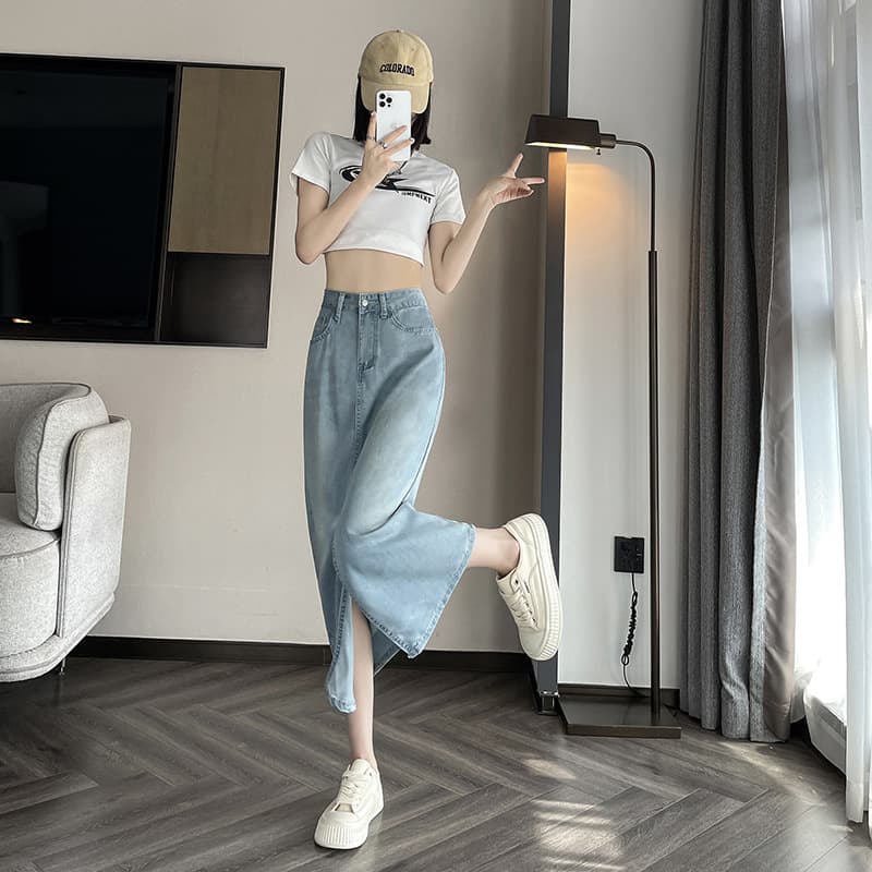 Tencel Soft Denim Skirt for Women Summer High-Waist Flowing Split Ice Silk A-Line Petite Bodycon Midi Skirt Fashion