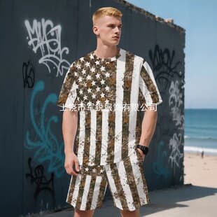 American Star Stripe Camo 3D Print T-Shirt and Shorts Set Men's Casual Comfortable Breathable Sportswear Trendy Fashion