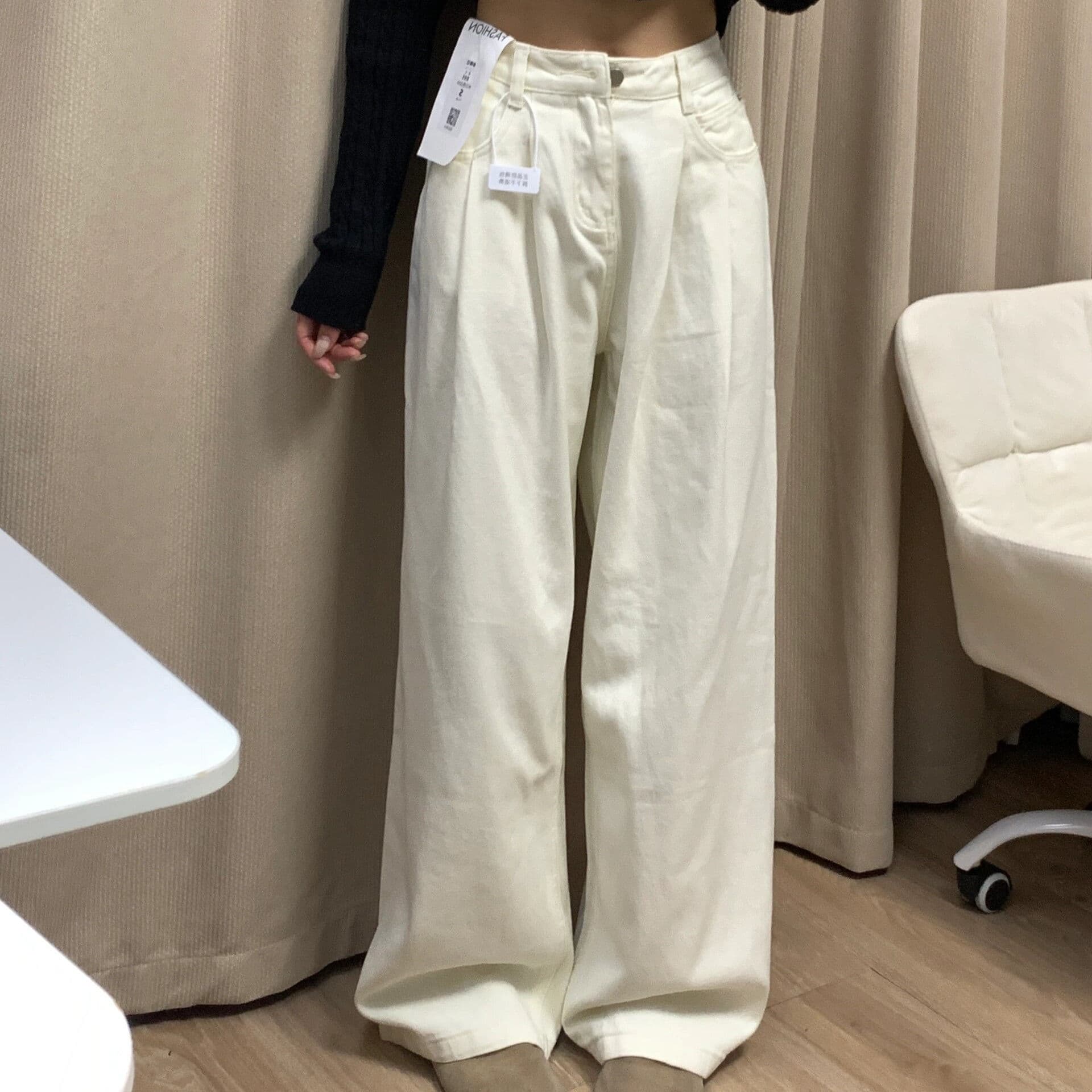 White Pleated High-Waist Wide-Leg Pants 2024 New Floor-Length Straight Trousers for Women Slim Fit Lightweight Summer Style