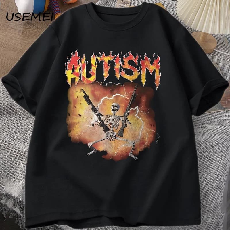 Autism Funny Skeleton T-Shirt for Men and Women Autism Meme Graphic Tee Original Cross-Border Trendy Brand