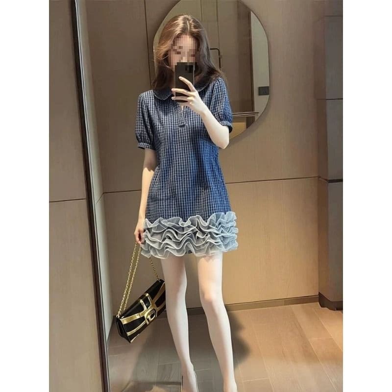 2026 Summer Elegant Outfit French Style Stunning Casual Lapel Blue Plaid Dress Women's