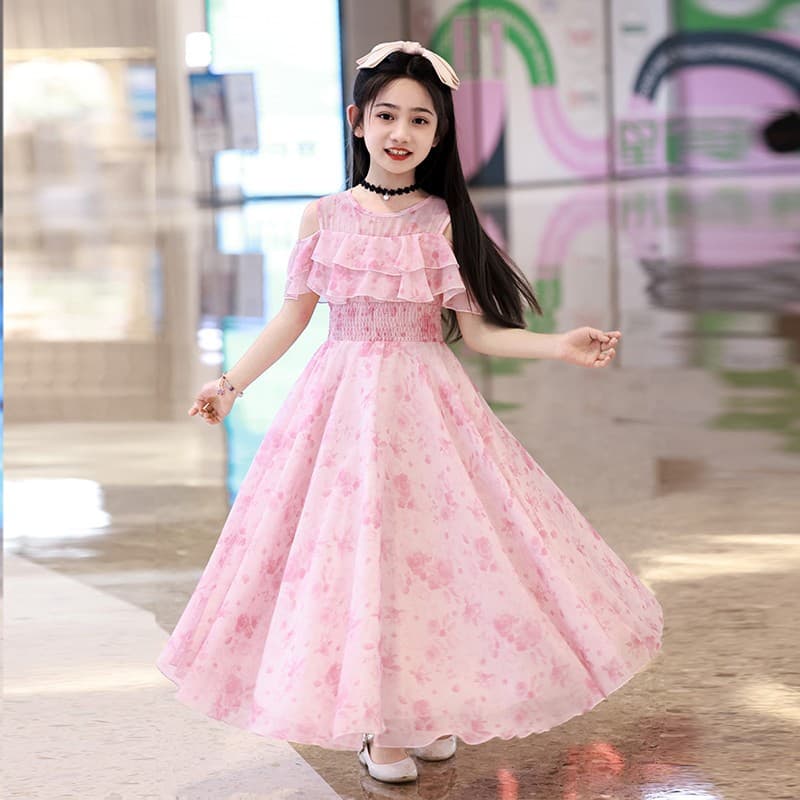 Girls Summer Dress 2025 New Children's Fashionable Floral Princess Dress Long Beach Dress