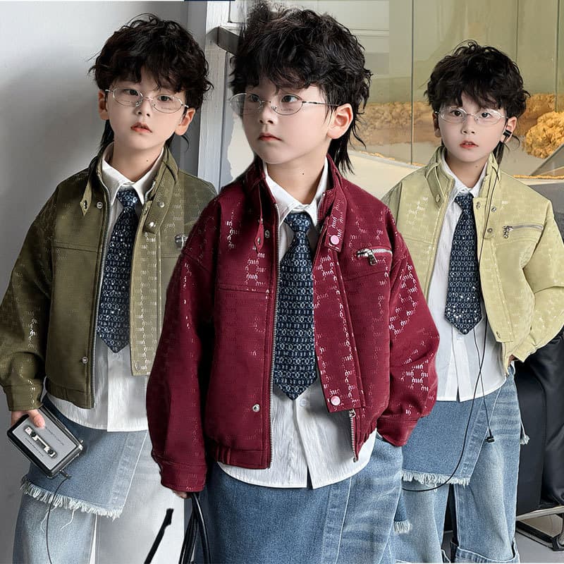 Boys' Leather Jacket Set 2025 Autumn New Style Children's Letter Leather Top Stylish Children's Clothing Jacket One Piece Dropshipping Trendy